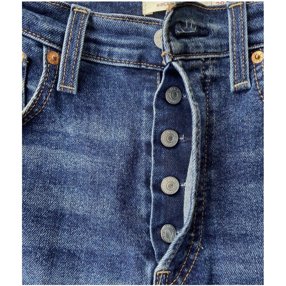 Levis Premium Ribcage Straight Ankle Jeans Blue Denim Button Fly Size 30 Big E - Picture 4 of 11